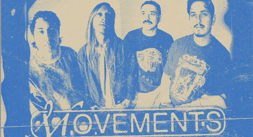 In blau-weiß sind vier männlich gelesene Personen abgebildet. Unter ihnen steht auf einem Schild der Name "Movements".