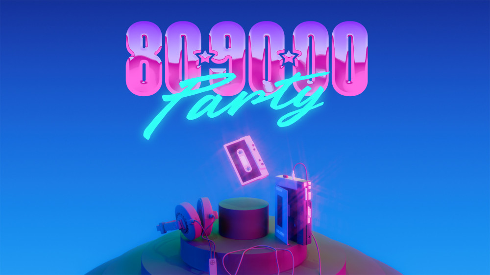 Oben im Bild ist in Luftballon ähnlicher Schrift 80 90 00 zu sehen. Darunter steht Party. Unten sieht man Kopfhörer und eine Kassette.