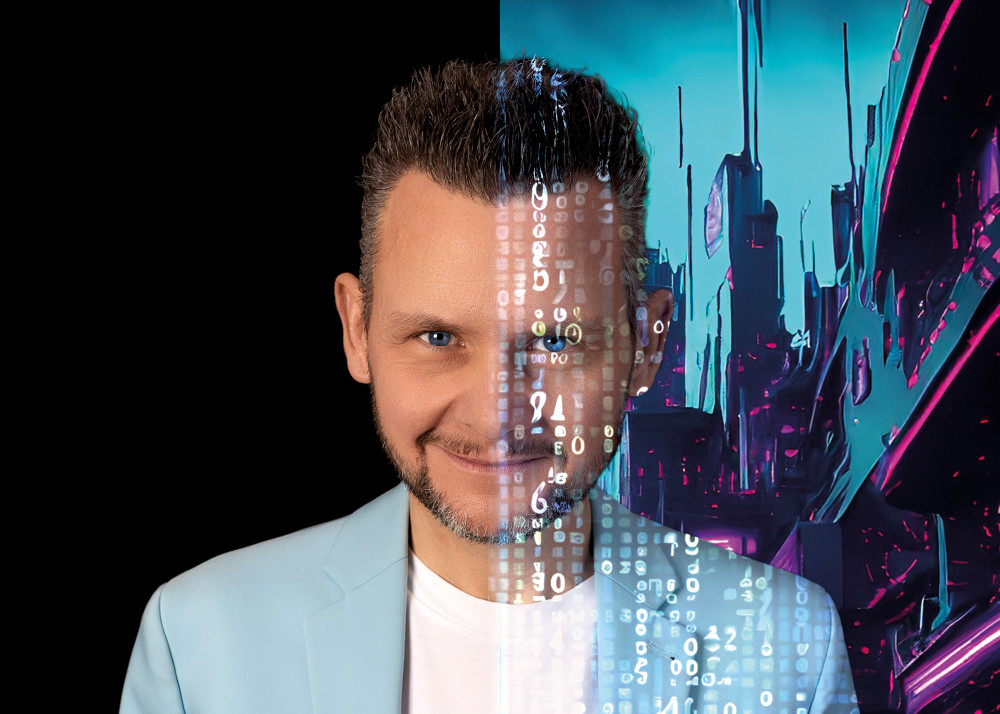 Auf dem Foto is eine männlich gezeichnete Person zu sehen die einen blauen Anzug trägt .in der Mitte des Gesichtes von Tobias Mann wird das bild gespalten und auf der rechten Seite verschwimmt das Bild aber es ist zu erkennen das es eine animierte Stadt ist. Auf der linken Seite des Bildes ist der Hintergrund schwarz .