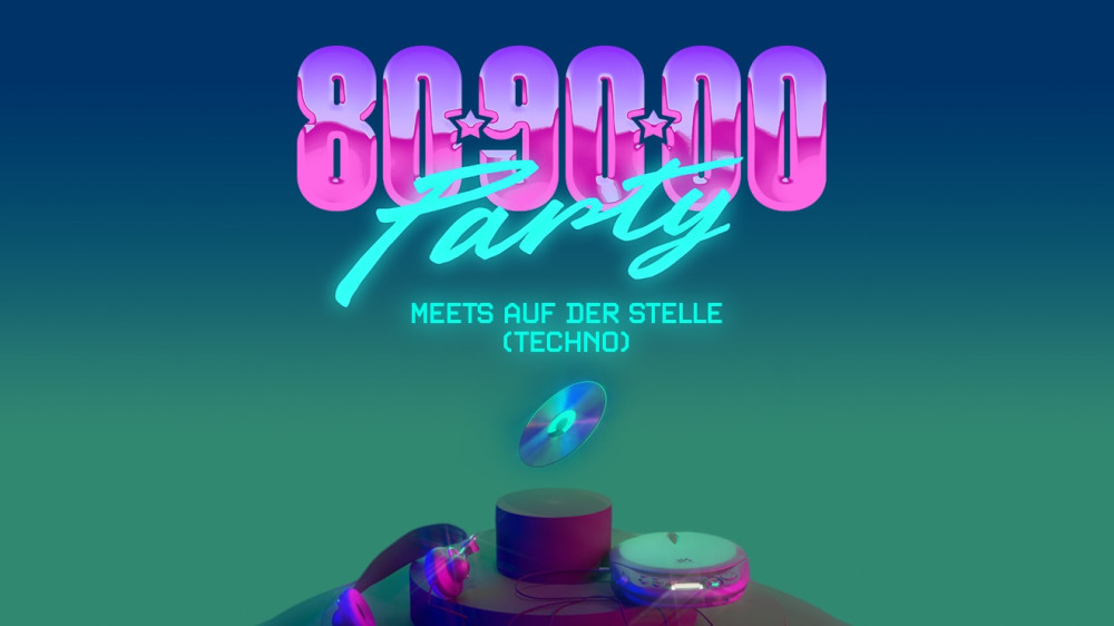 Oben im Bild ist in Luftballon ähnlicher Schrift 80 90 00 zu sehen. Darunter steht Party. Unten sieht man Kopfhörer und eine Kassette.