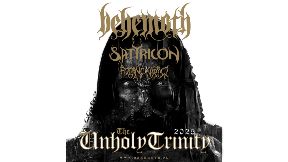 Man sieht einen Kopf mit einer art eisernen Maske vor dem Mund. Oben auf dem Bild steht BEHEMOTH, SATRICON und ROTTING CHRIST