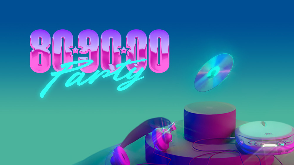 Oben im Bild ist in Luftballon ähnlicher Schrift 80 90 00 zu sehen. Darunter steht Party. Unten sieht man Kopfhörer und eine Kassette.